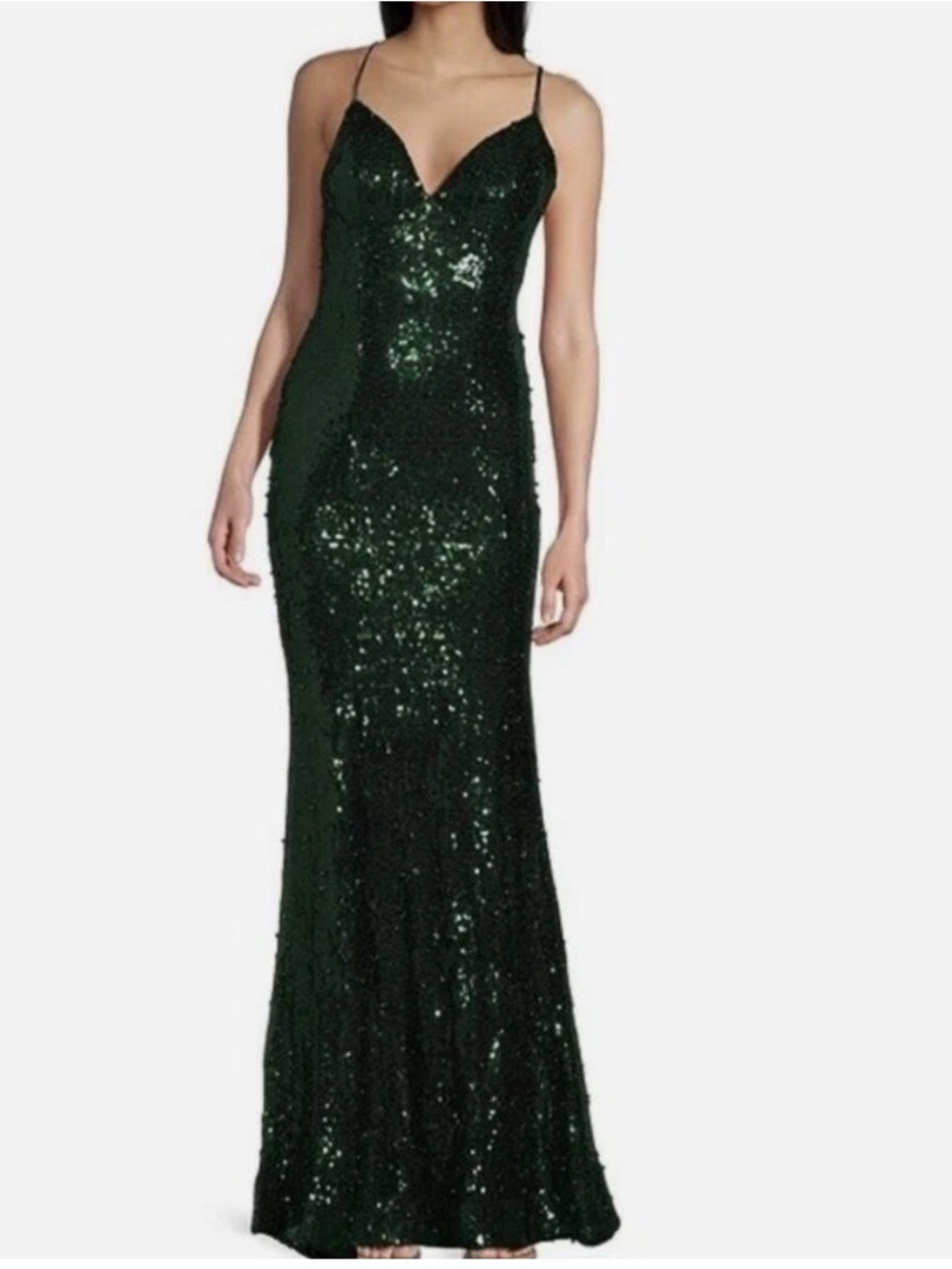Studio Dark Green Sequin Spaghetti-Strap Maxi Gown